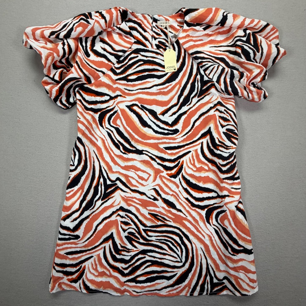 Jodifl Mini Dress Womens Medium NWT Orange Tiger‎ Stripe Puff Sleeve